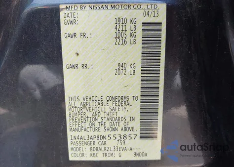 2013 Nissan Altima 2.5 S from USA, damaged, VIN 1N4AL3AP8DN553857